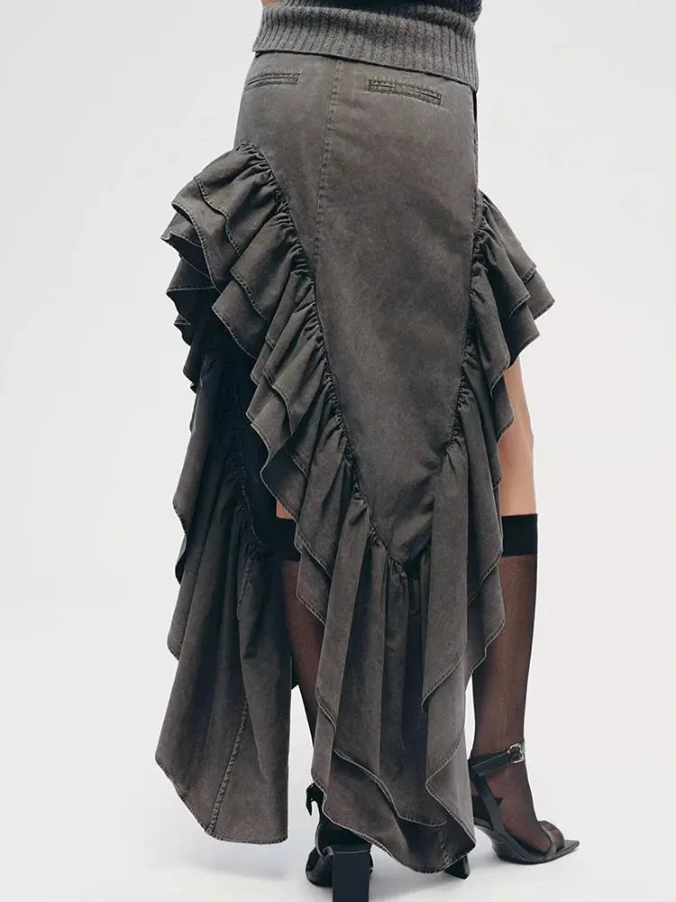 Sexy High Waist Spliced Folds Minimalist Vintage Skirt