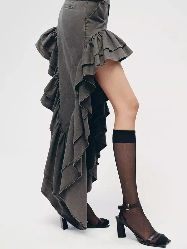 Sexy High Waist Spliced Folds Minimalist Vintage Skirt