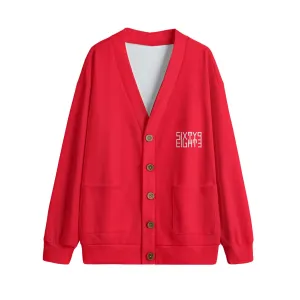 Sixty Eight 93 Logo White Red Unisex V-Neck Knitted Fleece Cardigan