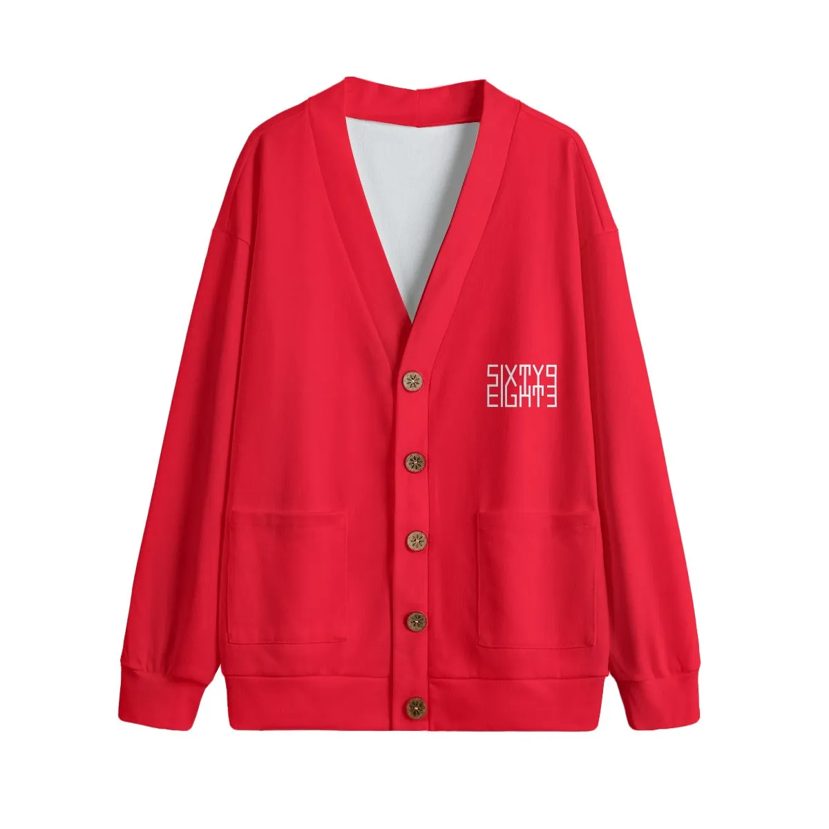 Sixty Eight 93 Logo White Red Unisex V-Neck Knitted Fleece Cardigan