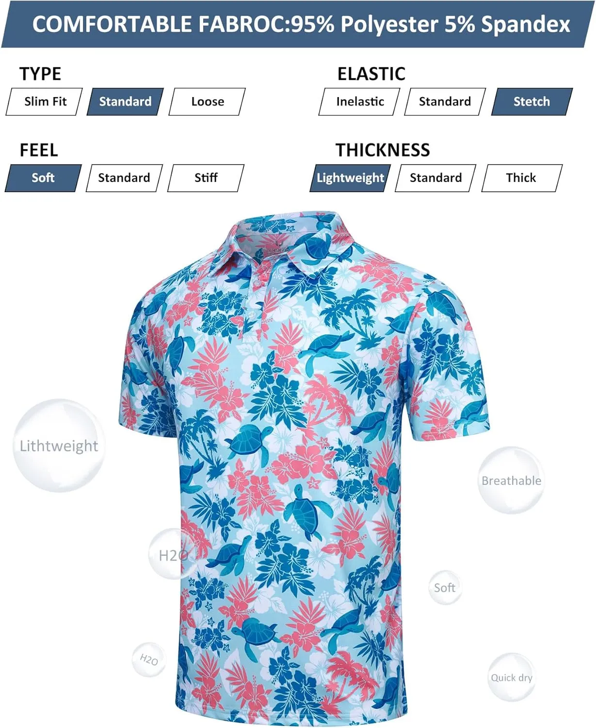 uideazone Mens Polo Shirts Short Sleeve Dry Fit 3D Print Moisture Wicking Funny Golf Shirt
