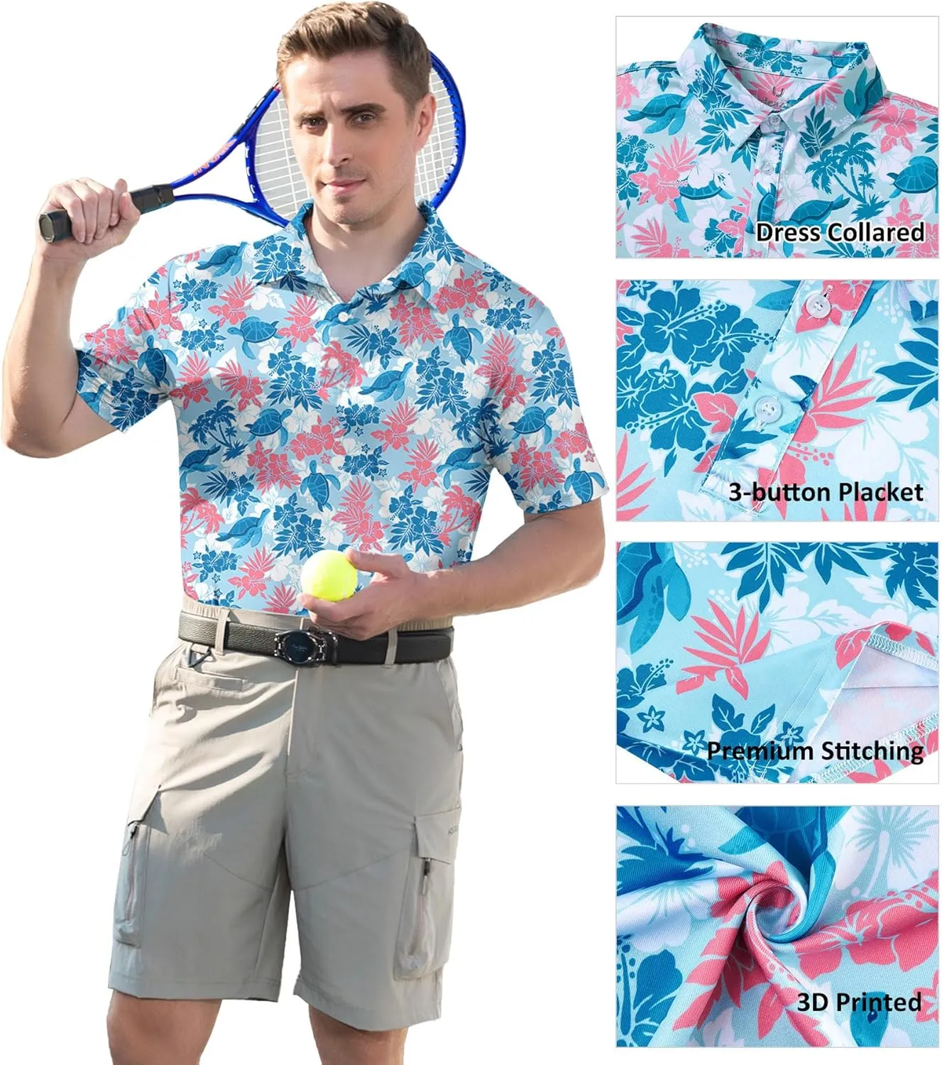 uideazone Mens Polo Shirts Short Sleeve Dry Fit 3D Print Moisture Wicking Funny Golf Shirt