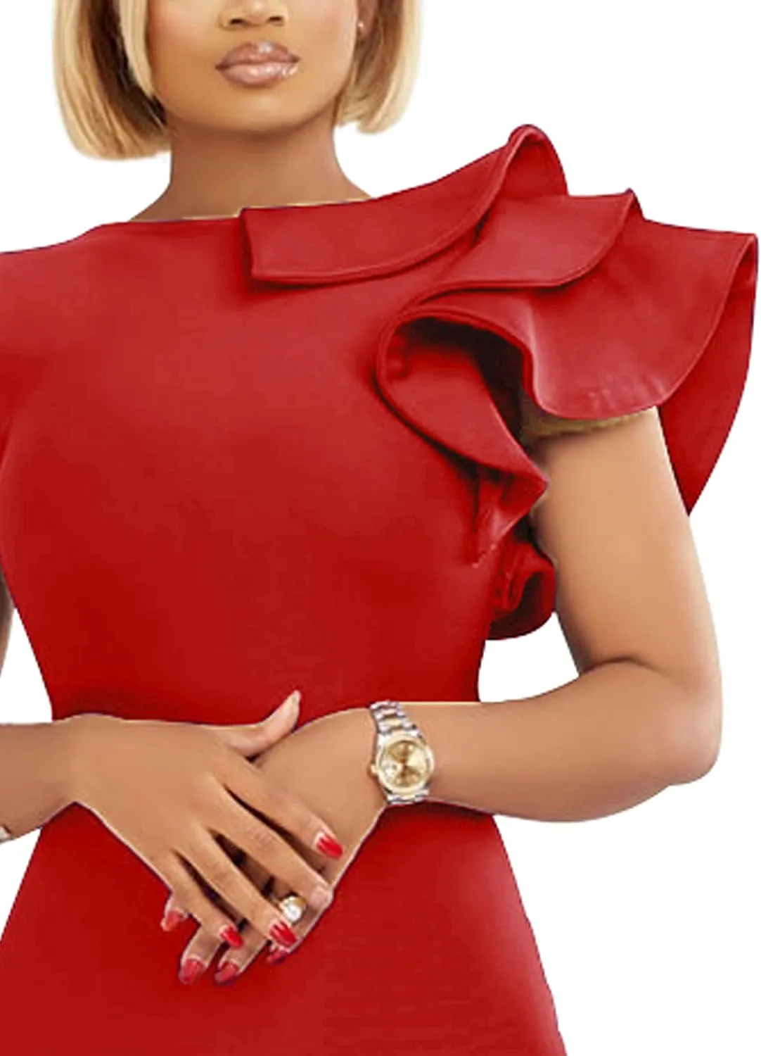 VASAUGE Women's Elegant Formal Bodycon Ruffle Sleeveless Midi Cocktail Party Dress