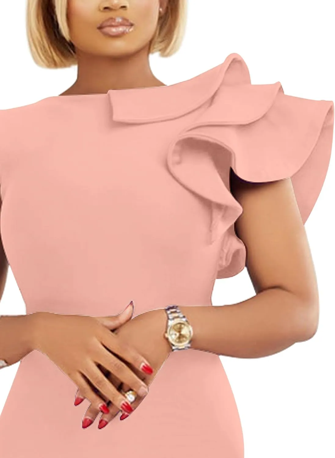 VASAUGE Women's Elegant Formal Bodycon Ruffle Sleeveless Midi Cocktail Party Dress