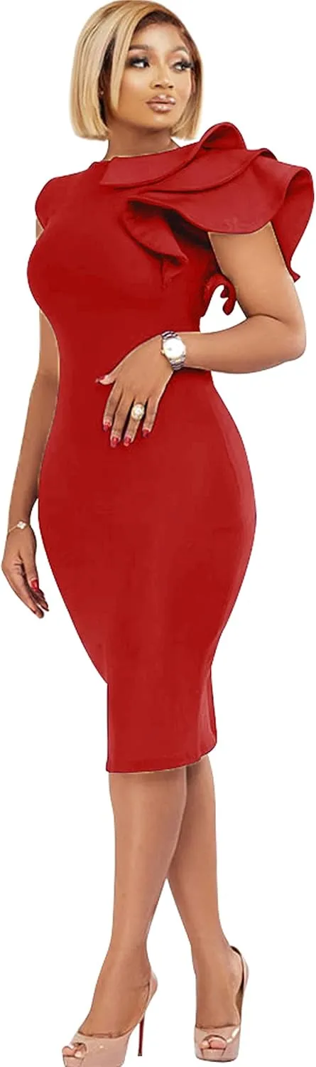 VASAUGE Women's Elegant Formal Bodycon Ruffle Sleeveless Midi Cocktail Party Dress
