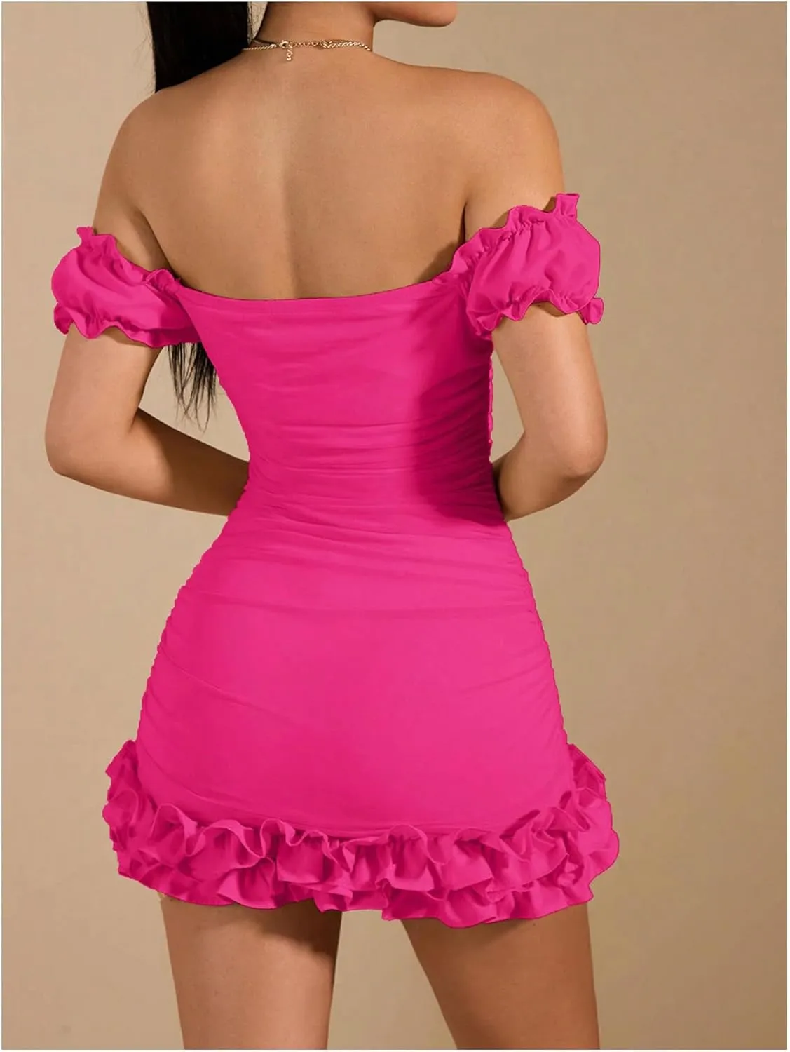 WDIRARA Women's Off Shoulder Puff Sleeve Ruffle Bodycon Dress Cocktail Party Mini Dress