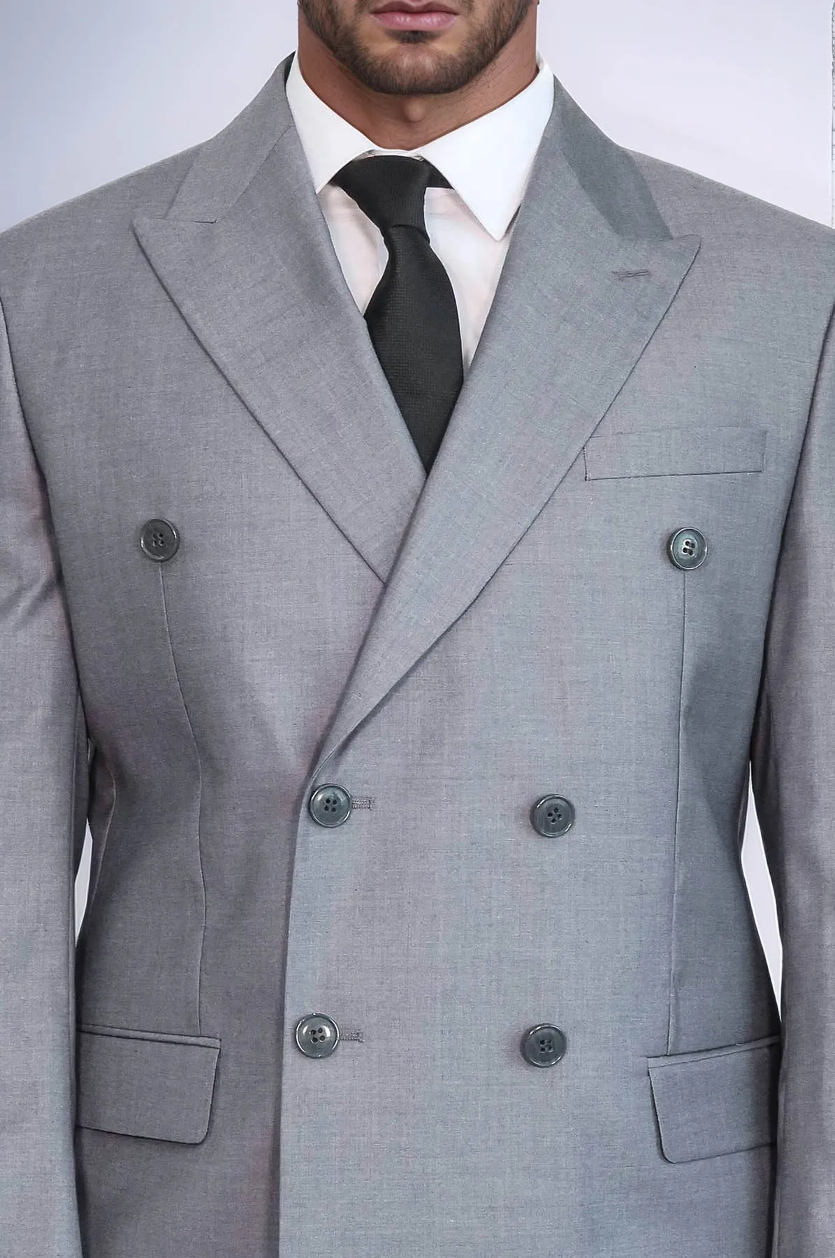 Wide Peak Lapel Striped Slim Fit Gray Men Double-Breasted Suit - Wessi