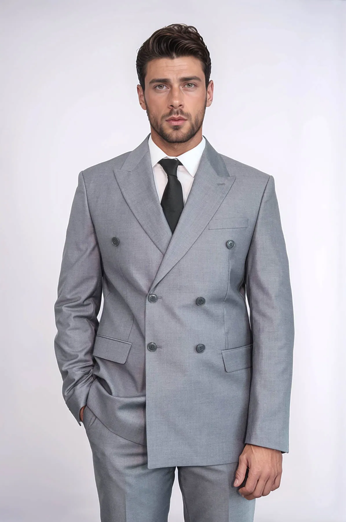 Wide Peak Lapel Striped Slim Fit Gray Men Double-Breasted Suit - Wessi
