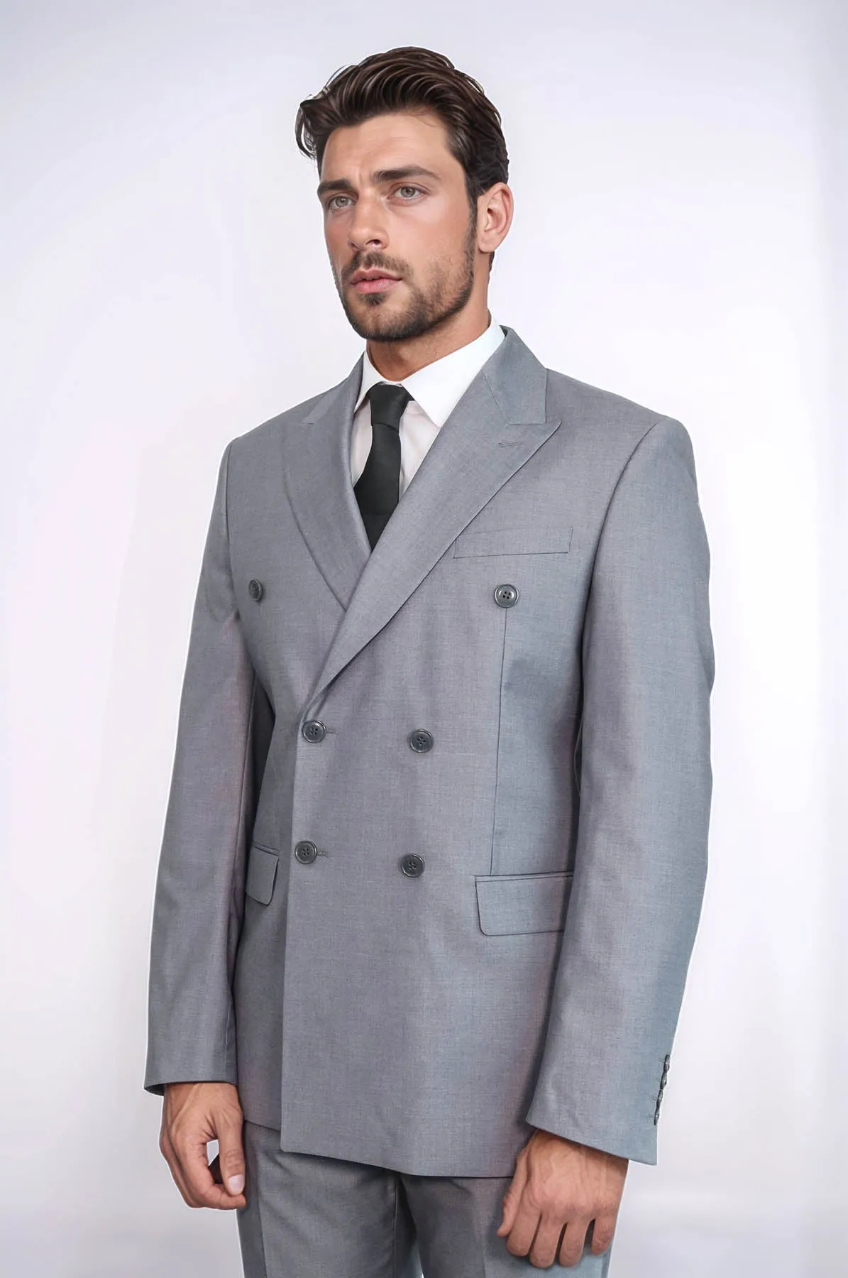 Wide Peak Lapel Striped Slim Fit Gray Men Double-Breasted Suit - Wessi