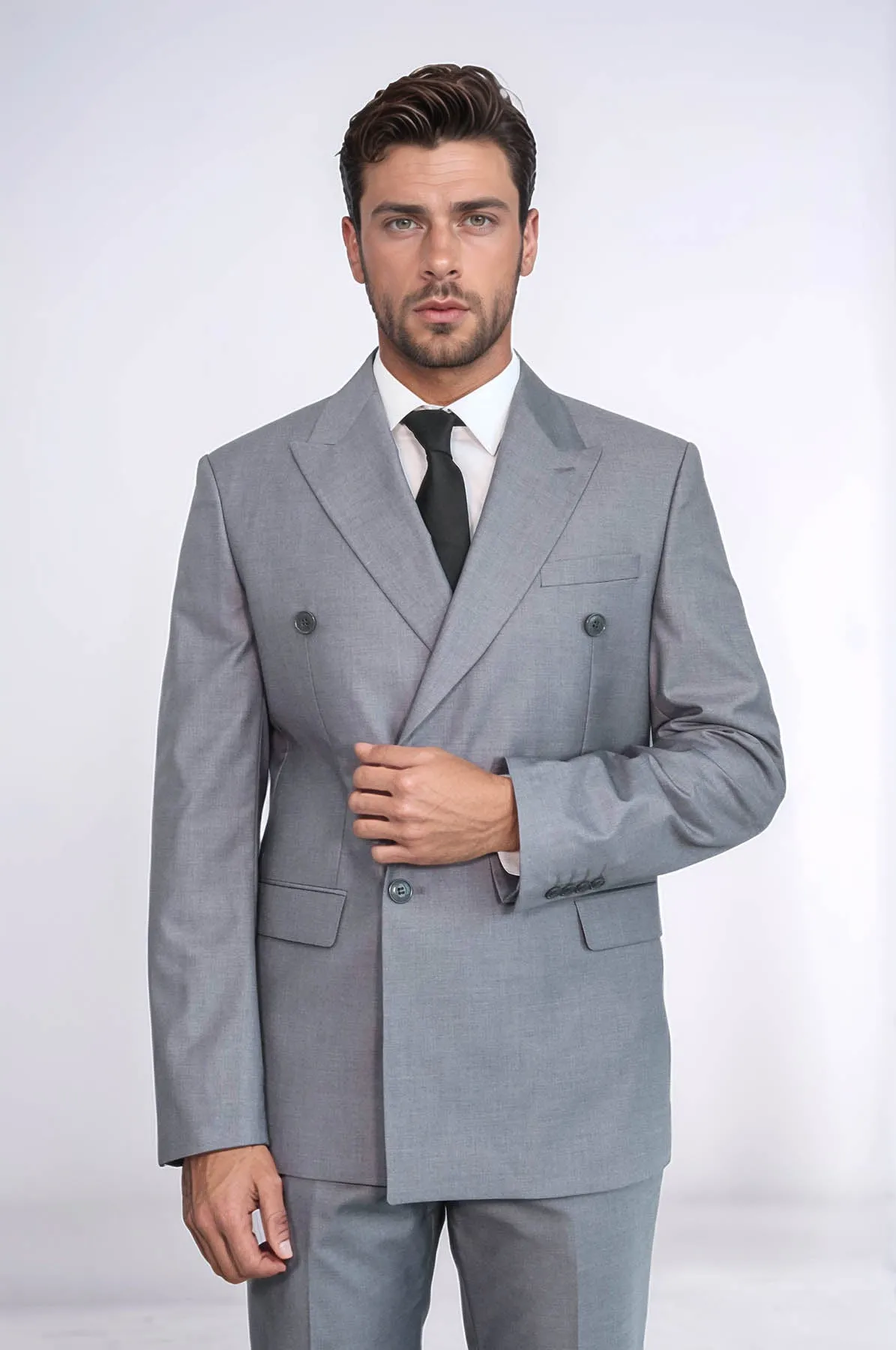 Wide Peak Lapel Striped Slim Fit Gray Men Double-Breasted Suit - Wessi