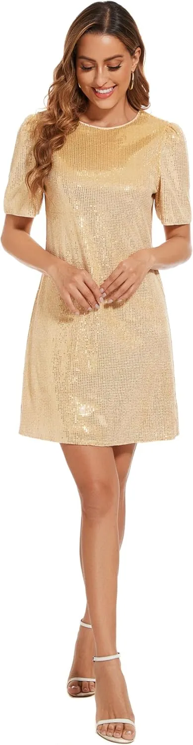 Women Puff Short Sleeve Sparkle Shift Dress Crewneck Sequin Shimmer Cocktail Party Dress