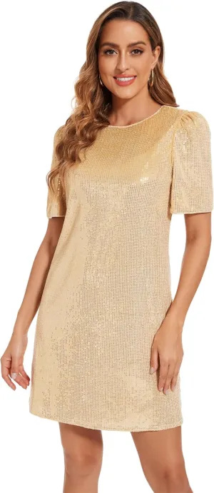 Women Puff Short Sleeve Sparkle Shift Dress Crewneck Sequin Shimmer Cocktail Party Dress