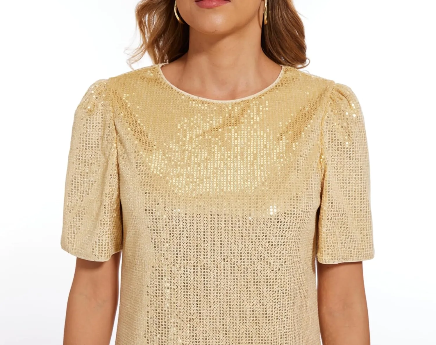 Women Puff Short Sleeve Sparkle Shift Dress Crewneck Sequin Shimmer Cocktail Party Dress