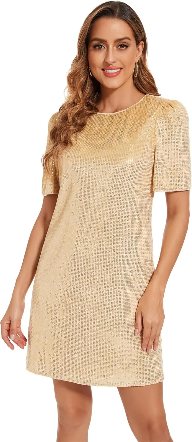 Women Puff Short Sleeve Sparkle Shift Dress Crewneck Sequin Shimmer Cocktail Party Dress