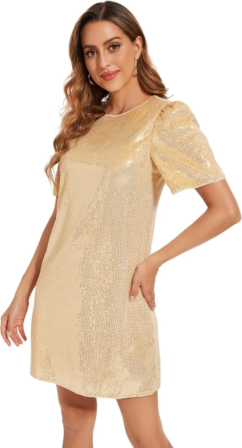 Women Puff Short Sleeve Sparkle Shift Dress Crewneck Sequin Shimmer Cocktail Party Dress