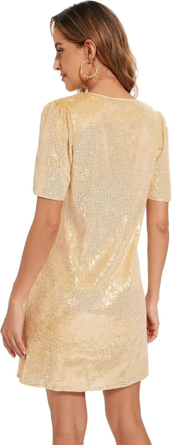 Women Puff Short Sleeve Sparkle Shift Dress Crewneck Sequin Shimmer Cocktail Party Dress