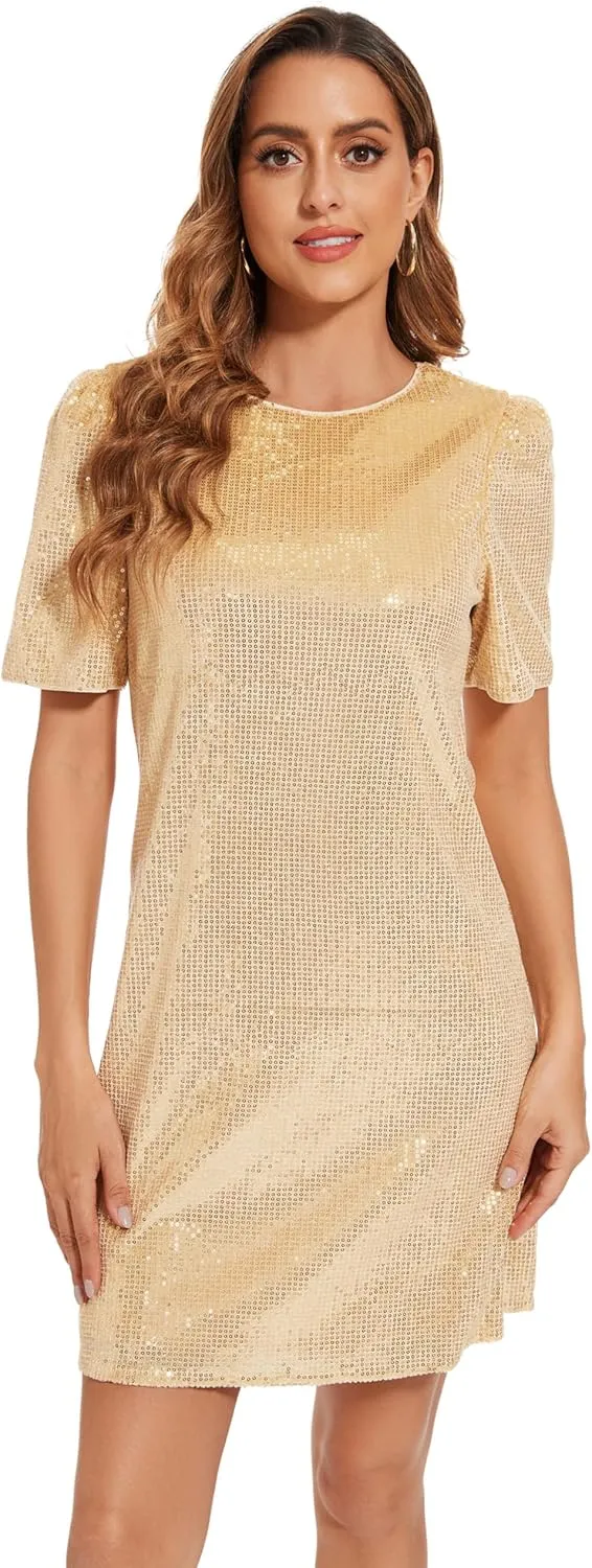 Women Puff Short Sleeve Sparkle Shift Dress Crewneck Sequin Shimmer Cocktail Party Dress