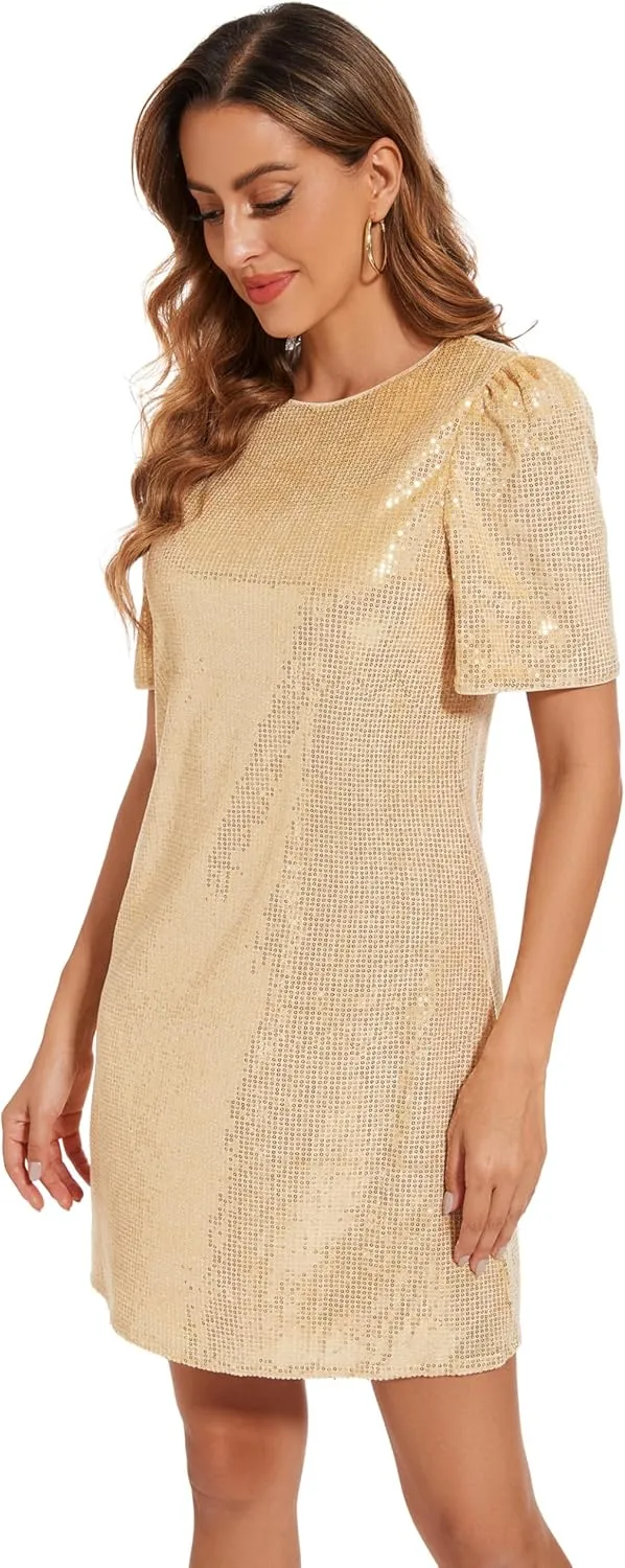 Women Puff Short Sleeve Sparkle Shift Dress Crewneck Sequin Shimmer Cocktail Party Dress