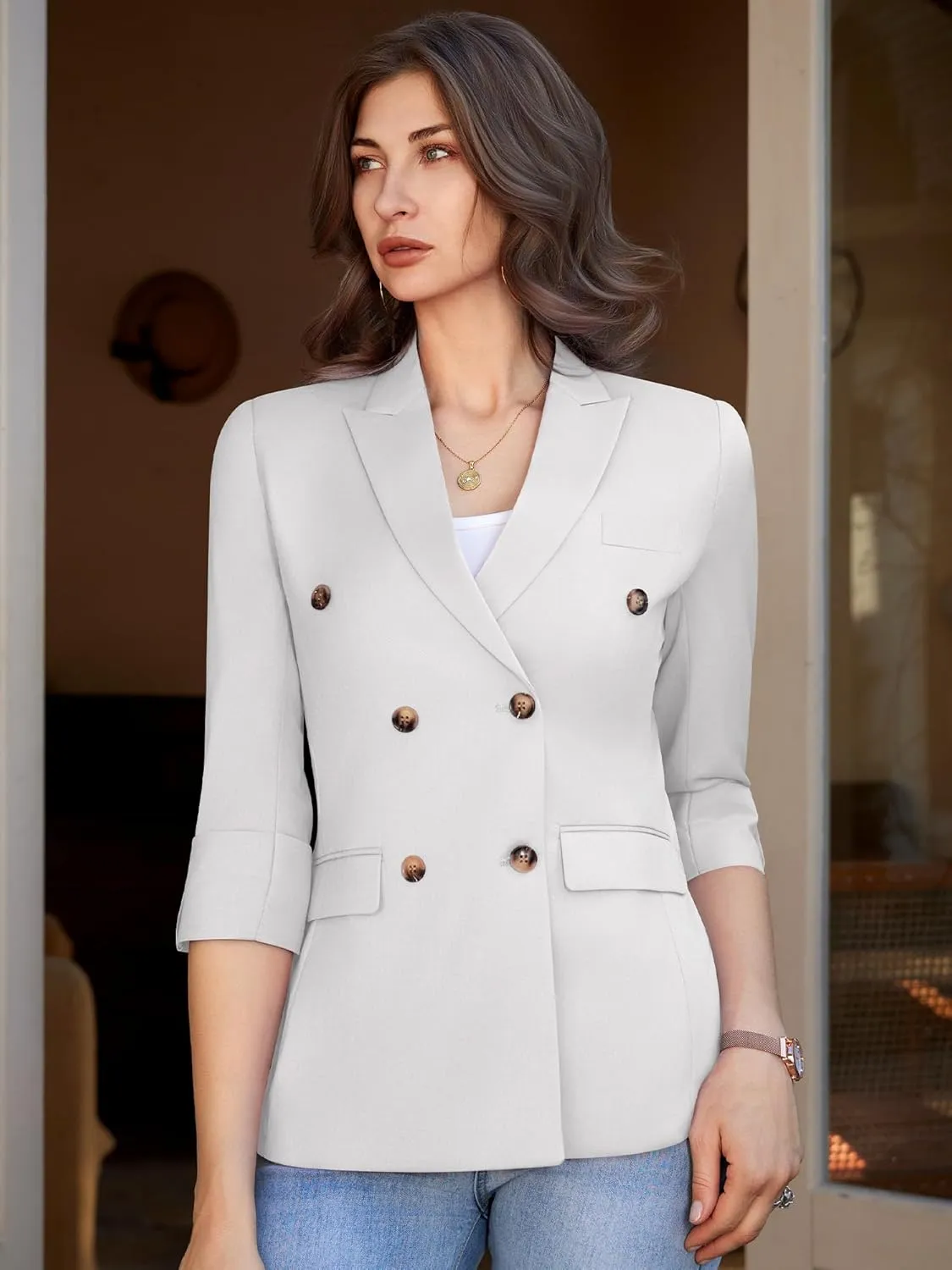 Womens Casual 3/4 Sleeve Blazers Double Breasted Open Front Blazer Solid Color Notch Lapel Suit Work Office Jackets