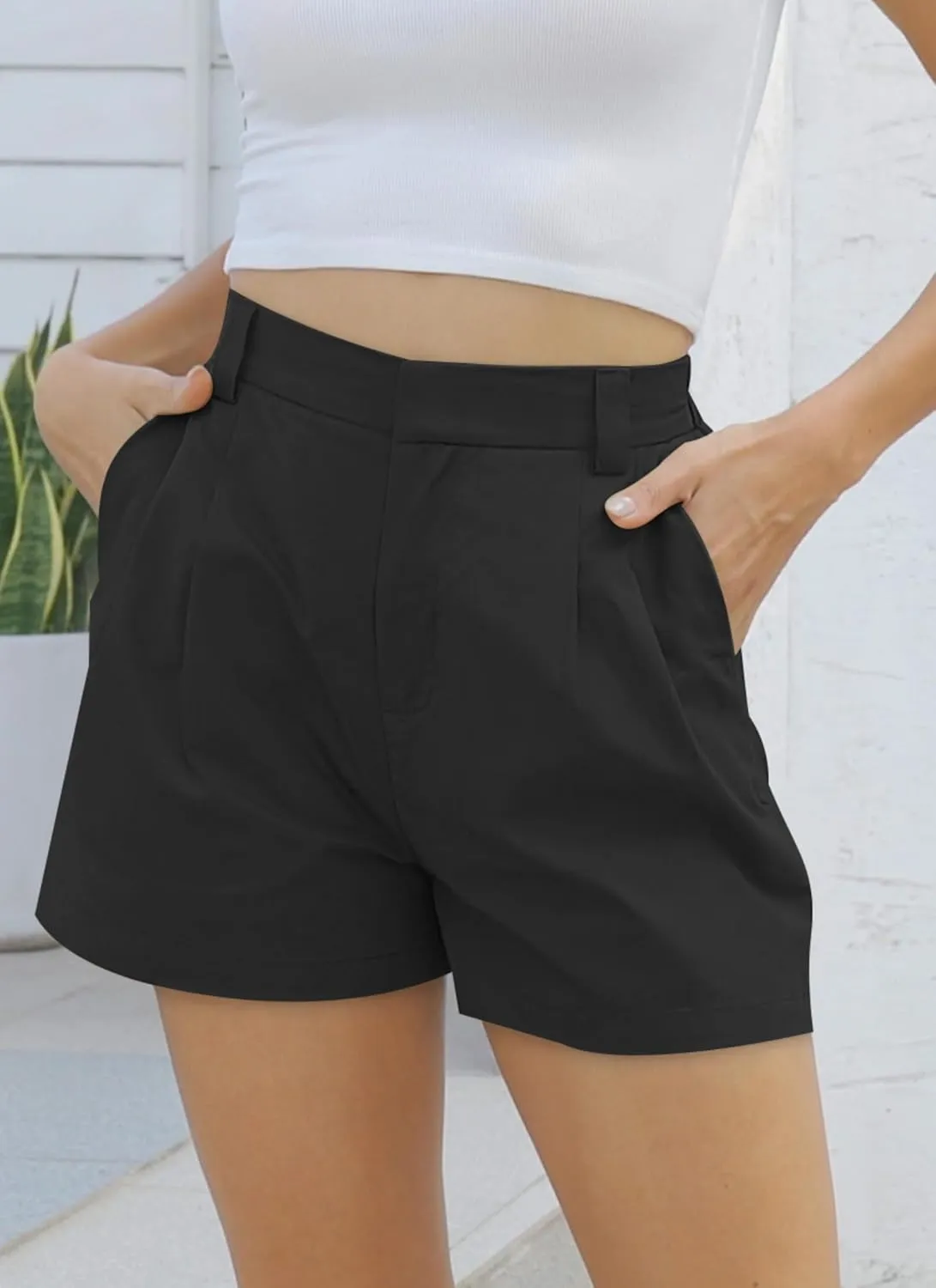 Women's Wide Leg Suit Tailored Shorts Casual Elastic Waist Summer Dressy Work Trouser Shorts with Flared Pockets