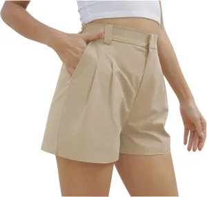 Women's Wide Leg Suit Tailored Shorts Casual Elastic Waist Summer Dressy Work Trouser Shorts with Flared Pockets