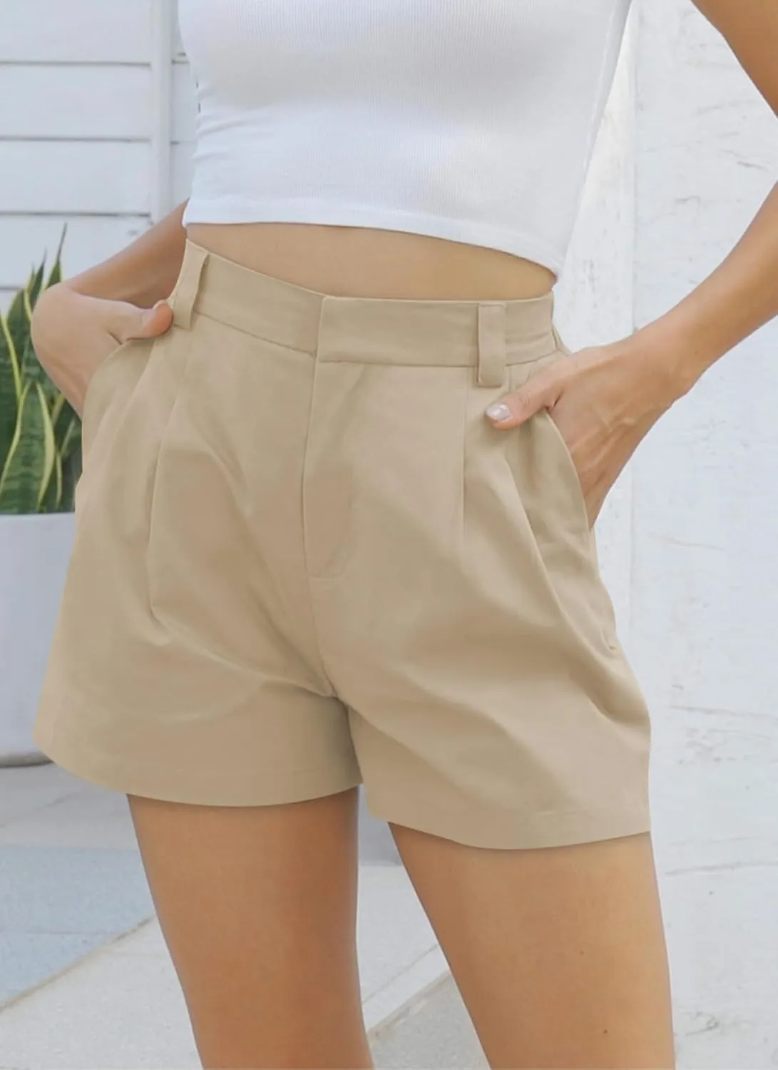 Women's Wide Leg Suit Tailored Shorts Casual Elastic Waist Summer Dressy Work Trouser Shorts with Flared Pockets