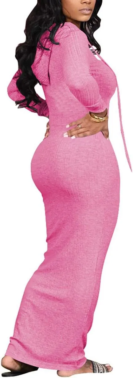 WUSENST Women's Maxi Dress Sexy Bodycon Long Sleeve Pullover Hoodie Casual Slim Sweatshirt