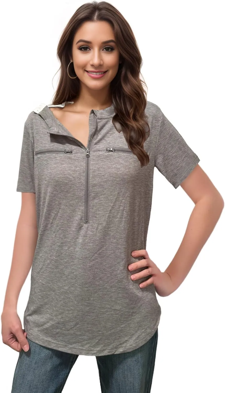 Youdiao Chemo Port Shirts for Women Short Sleeve Post-Surgery Recovery with 2 Side Snaps Dual Zipper Dialysis Cancer Clothing