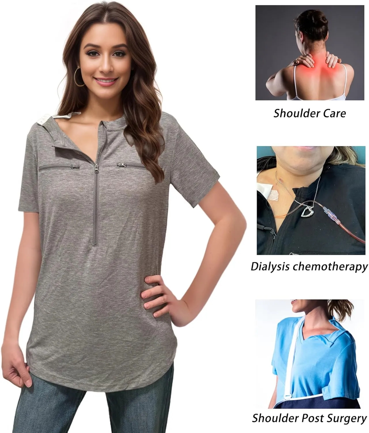 Youdiao Chemo Port Shirts for Women Short Sleeve Post-Surgery Recovery with 2 Side Snaps Dual Zipper Dialysis Cancer Clothing