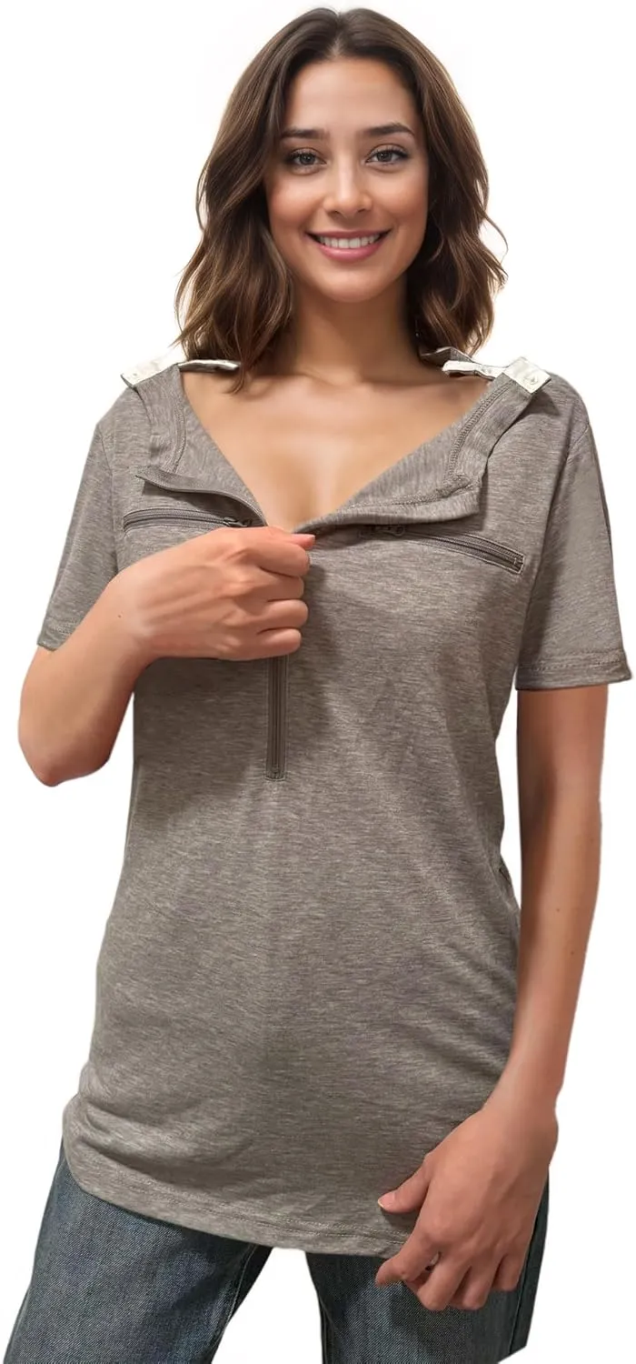 Youdiao Chemo Port Shirts for Women Short Sleeve Post-Surgery Recovery with 2 Side Snaps Dual Zipper Dialysis Cancer Clothing