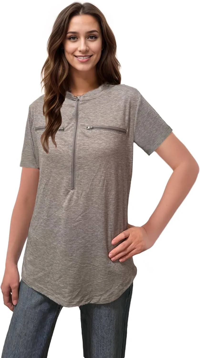 Youdiao Chemo Port Shirts for Women Short Sleeve Post-Surgery Recovery with 2 Side Snaps Dual Zipper Dialysis Cancer Clothing