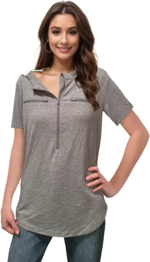 Youdiao Chemo Port Shirts for Women Short Sleeve Post-Surgery Recovery with 2 Side Snaps Dual Zipper Dialysis Cancer Clothing